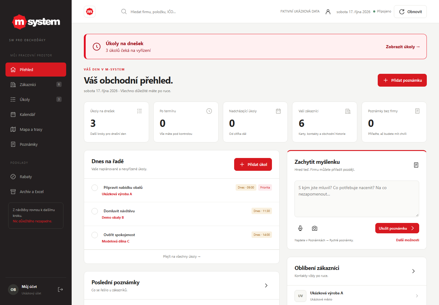 Rozhraní aplikace pro obchodní zástupce s výhradně fiktivními firmami a úkoly